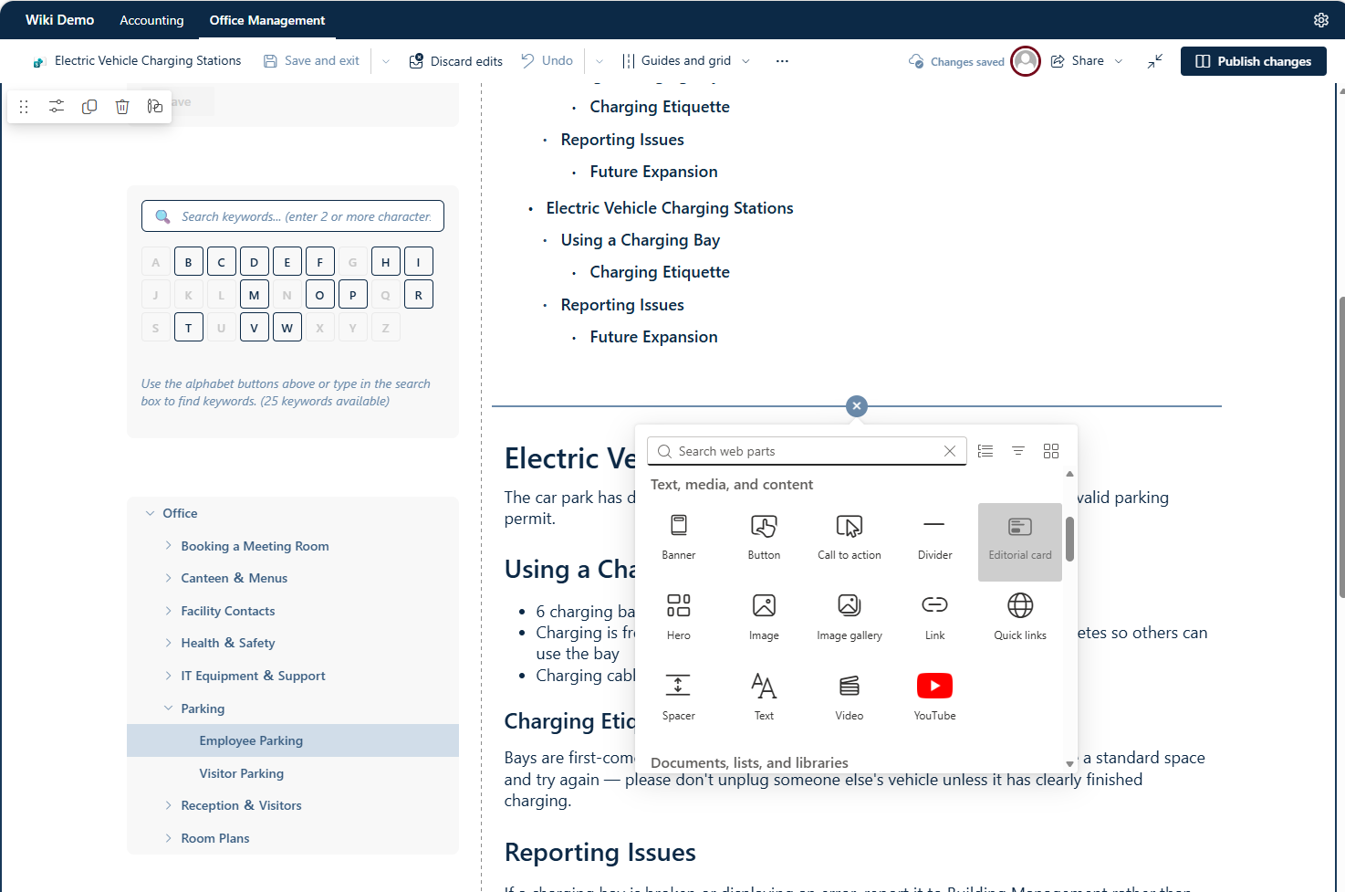 SharePoint-Seitenbearbeitung mit WebPart-Auswahl